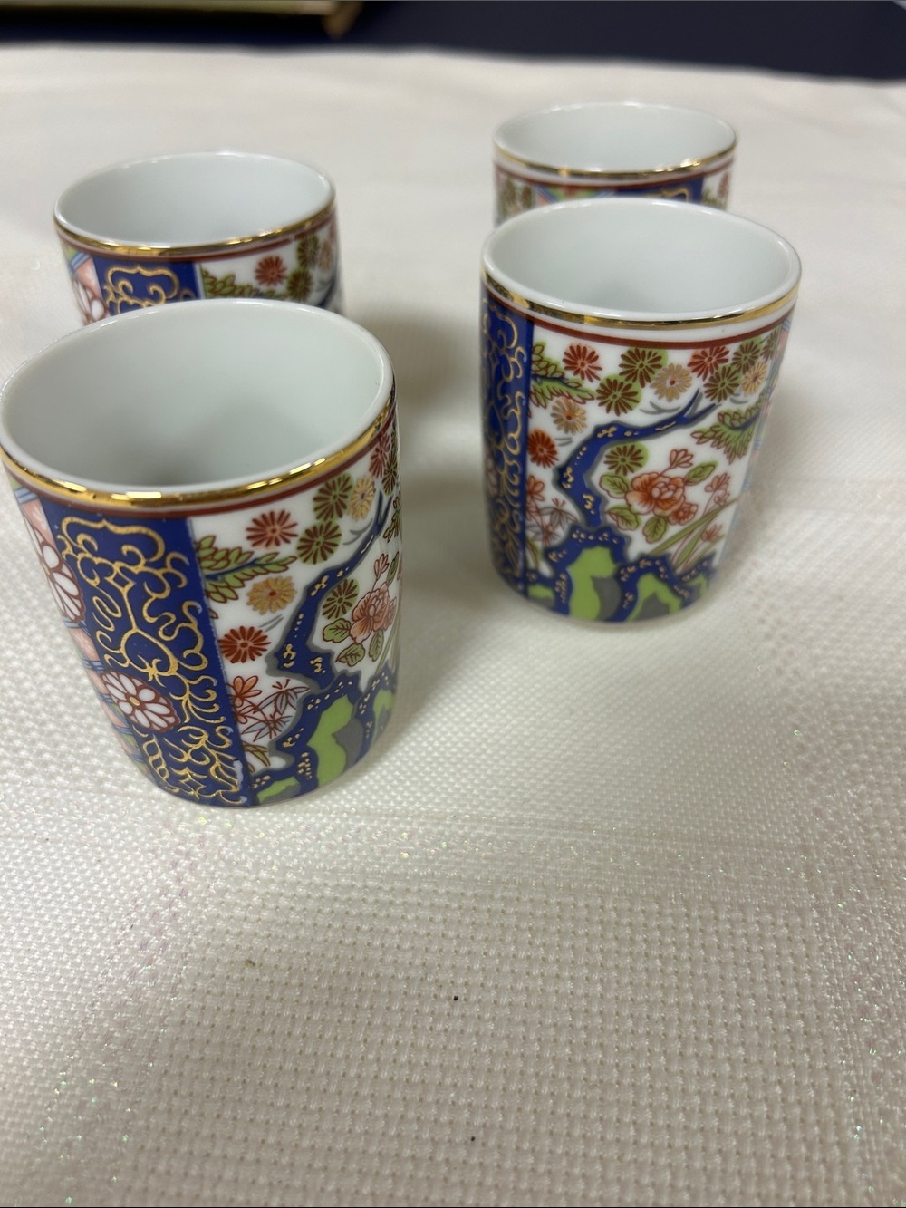 Porcelain Floral Kutani-Style Sake Cups - Blue and Gold (Set of 4)
